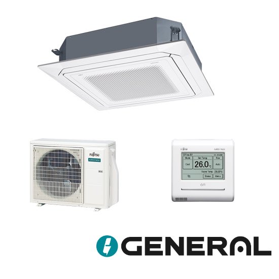 Fujitsu Split Large Cassette SWAT Engineering Ceiling mounted cassette air conditioner with outdoor unit and wall thermostat General brand logo beneath