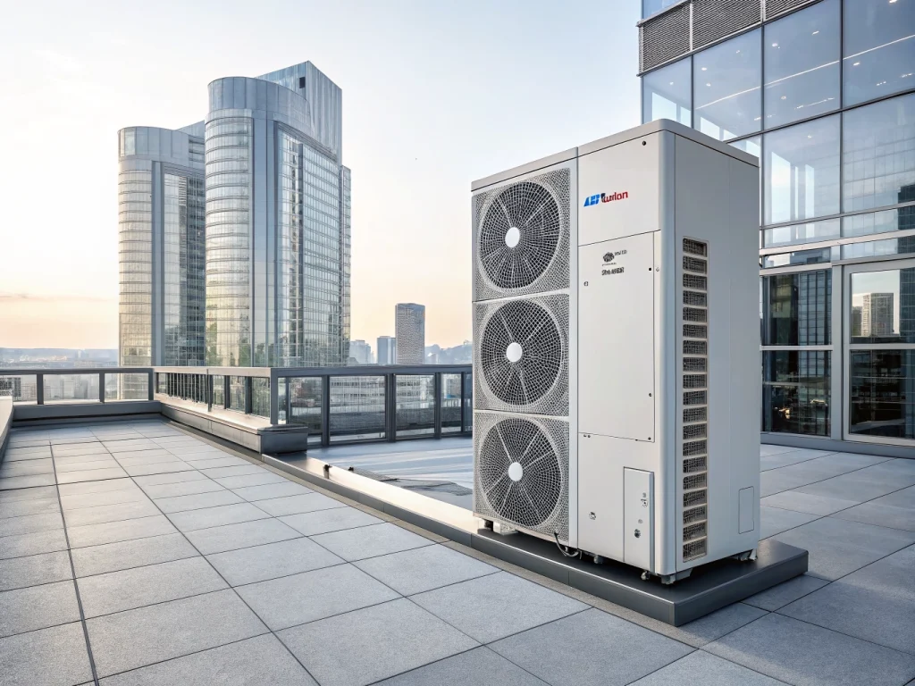 Rooftop terrace with a large outdoor HVAC condenser unit on a platform, overlooking a city skyline of glass office towers.