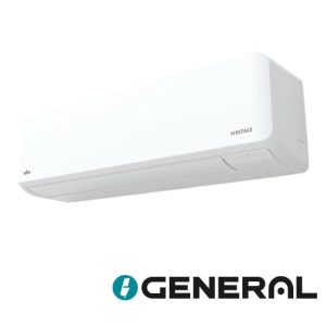 White wall mounted air conditioner unit with AIRSTAGE branding on the side surface of the unit