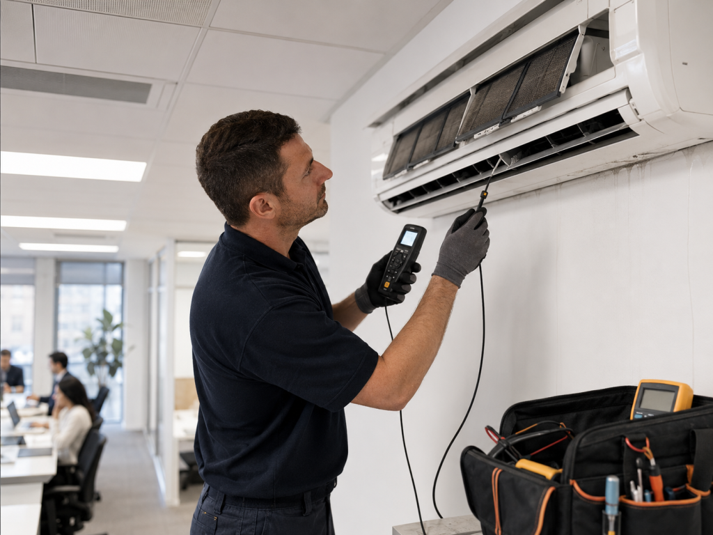 HVAC engineer inspecting a wall mounted air conditioning unit in a commercial office
