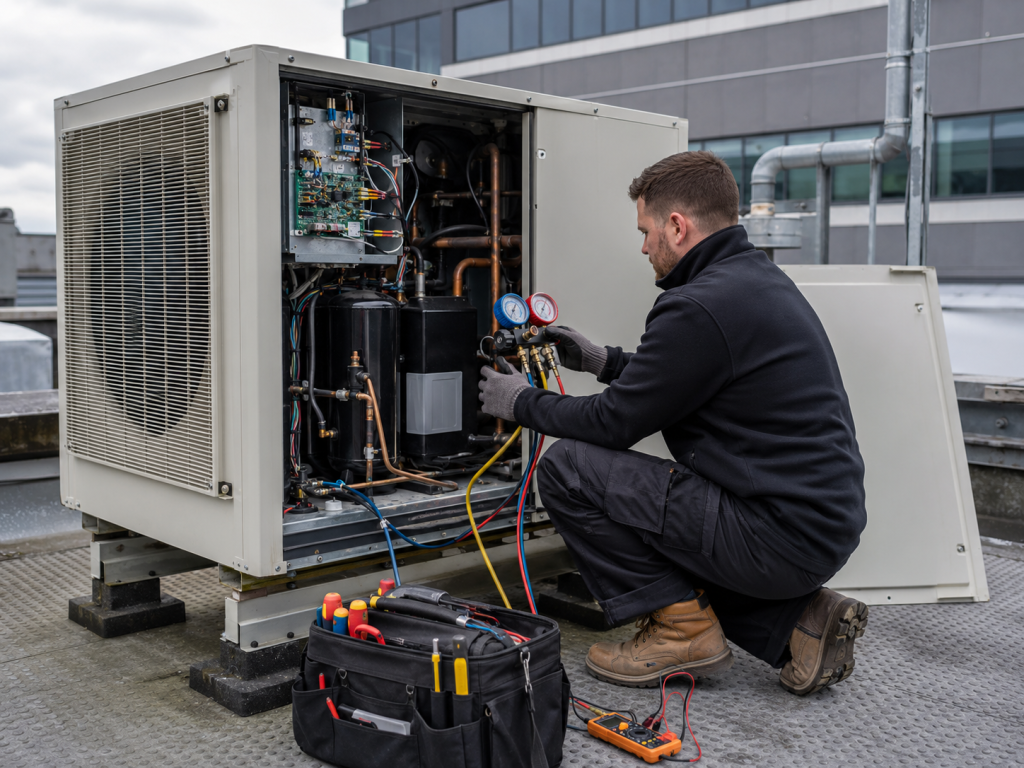 HVAC engineer servicing an outdoor commercial air conditioning unit on a rooftop