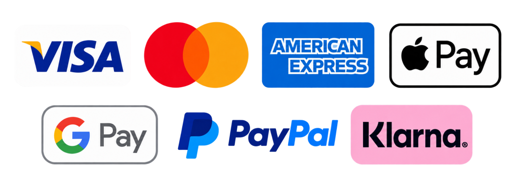 Accepted payment methods including Visa, Mastercard, American Express, Apple Pay, Google Pay, PayPal and Klarna