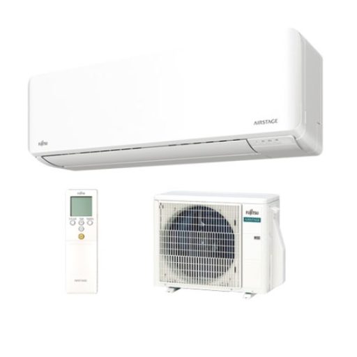 White wall-mounted indoor air conditioner with a remote control and an outdoor condenser unit (split-system)