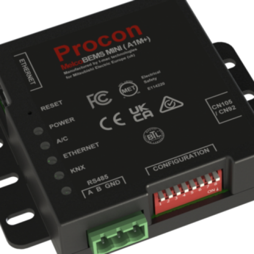 Procon BEMS MINI controller module with mounting brackets, LED indicators, a green power terminal, and a red configuration DIP switch.