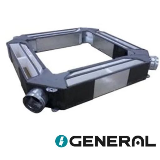 Rectangular metal air duct/shroud frame with circular ports at the ends, General logo beneath.